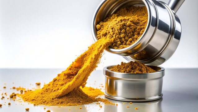 pouring, grinder, white background, sparse, powder, Sparse berberine powder pouring out of a grinder with a white background as seen from a worm s eye view