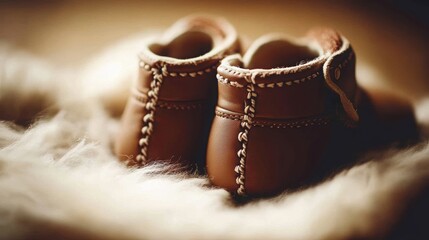 A close-up of handcrafted leather baby booties resting on soft fur, showcasing their detailed stitching and warm, cozy design.