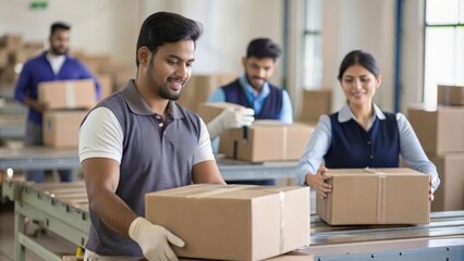 A bustling Indian delivery hub with automated sorting machines and workers processing large volumes of parcels.