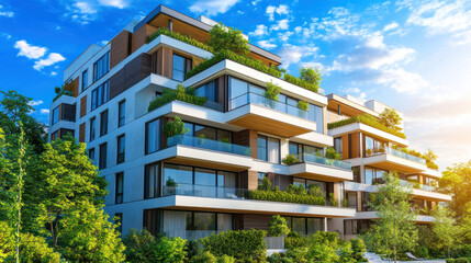 A large apartment building with a green roof and a lot of windows. The building is surrounded by trees and has a lot of greenery