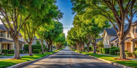 Fototapeta premium landscape, homes, serenity,California, A picturesque California residential neighborhood features a perfectly symmetrical tree lined street creating a harmonious and inviting atmosphere