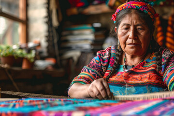Indigenous woman weaving traditional textile in workshop