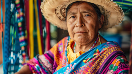 Fototapeta premium Elderly woman in traditional dress and sombrero at market