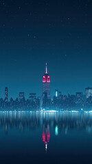 Obraz premium A city skyline with a red building in the middle. The sky is dark and the city lights are reflected in the water