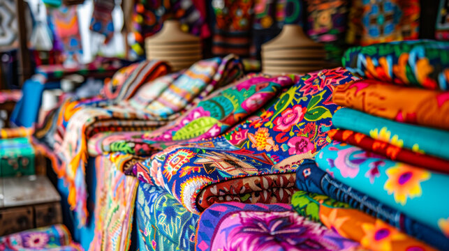 Assorted colorful textiles with floral and geometric patterns in a market