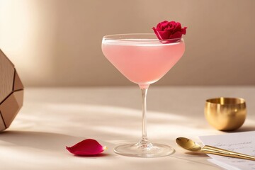 Elegant pink cocktail in a glass on a refined table setting with rose petal and golden spoon, creating a luxurious and sophisticated atmosphere