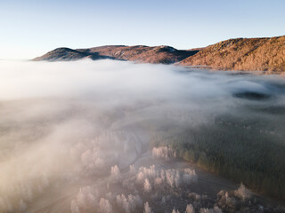 Clouds over the mountains and autumn forest at foggy sunrise. Aerial view.