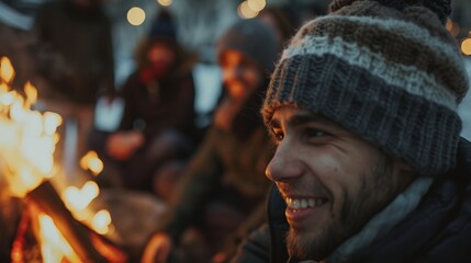 Obraz premium A group of friends enjoys a winter campfire, creating warmth and joy amid the snow.