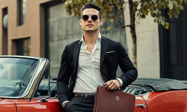Man in a Suit Leaning on a Vintage Car