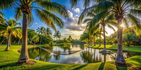A serene hammock suspended between palm trees in a lush, vibrant park in Miami, with a scenic lake