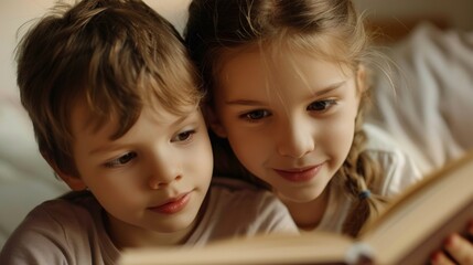 The brother and sister cuddle up with a book, sharing a special moment of sibling love.