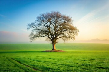 Obraz premium branches, outdoor, scenery, nature, growth, calm, fresh, misty,tree, mist, spring, field, peaceful, solitary, tranquility, solitary bare tree in the green field enveloped in spring haze