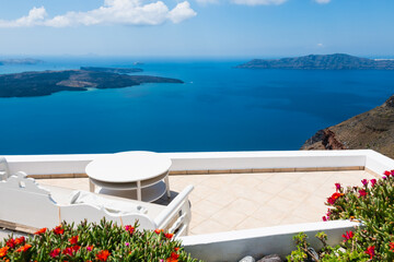 White architecture in Santorini island, Greece. Beautiful terrace with sea view.