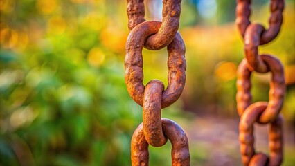 Fototapeta premium brown, panorama, natural background, holder, A brown rusty iron chain hangs on a rusty holder against a natural background panorama