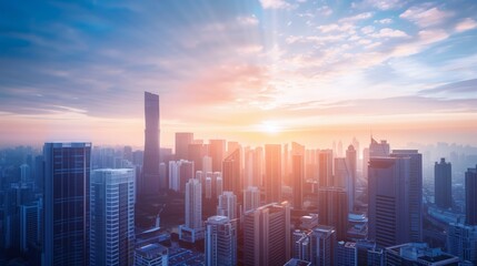 Fototapeta premium Stunning Sunrise Over Modern City Skyline with Skyscrapers and High-Rise Buildings