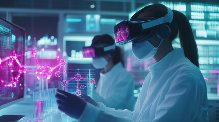 Researchers in biotech lab are using virtual reality technology to manipulate molecular structures, showcasing innovation in scientific exploration and collaboration