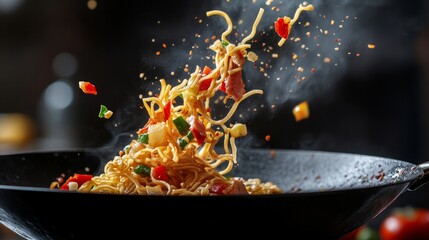 Asian wok noodles in a frozen motion with vegetables and prans. The idea of preparing meat.