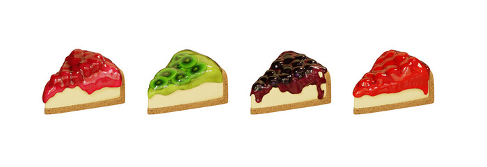 slices of cheesecakes with different fruit jam toppings isolated on transparent background. 3d illustration