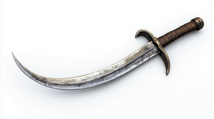 Obraz premium High quality photo of a pirates curved cutlass sword on a white background. Historical events isolated on white. Photo realistic photo. 