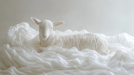 Obraz premium A White Lamb Resting on Draped Fabric