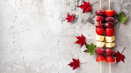 Elegant Canadian flag fruit skewers on a neutral background, infusing patriotic colors into culinary presentations with plenty of space for text