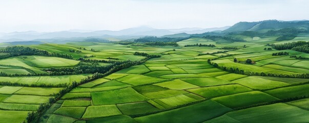 Rolling hills covered in a patchwork of vibrant green farmland, depicted in watercolor style. 