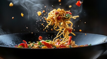 Asian wok noodles in a frozen motion with vegetables and prans. The idea of preparing meat.