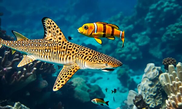 Zebra Shark and Clownfish in Coral Reef