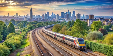 Fototapeta premium high-speed train, power, London, motion, technology, travel, fast, rush hour, High speed train speeding through the Great Western Mainline with London skyline in the background