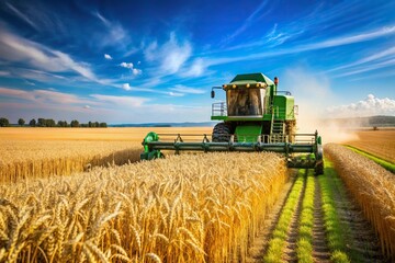 Naklejka premium wheat, machinery, rural, agriculture, harvest, Combine harvester harvesting a field of golden wheat under a clear blue sky with lush green landscape in the background
