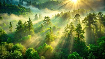 radiant, atmosphere,sunlight, sunlight through fog, sunlight through trees, landscape, dense, mystical, Sunlight piercing through a misty fog illuminating a dense and vibrant green forest