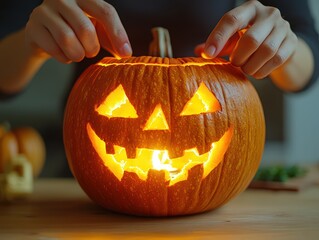 Two hands inserting a glowing light into a jack-o'-lantern, making it glow from within. The lighting is bright and vibrant, with a clear background.