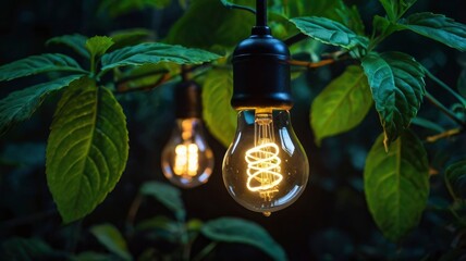 Green Foliage and Glowing Light Bulb