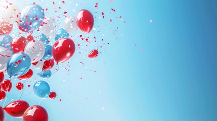 Patriotic balloons floating joyfully against a clear, blue sky, creating a festive, uplifting background with blank areas for Canada Day text