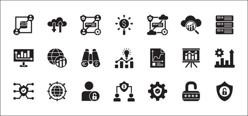 Fototapeta premium Business data, statistic and security related icon set. Contains icons of chart, analytic, database, protection, cloud, computing, research, authority, sales, market. Flat solid vector illustration.