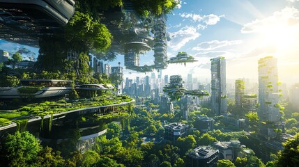 Obraz premium A breathtaking wide-angle view of a fantasy city melded with sustainable urban landscapes