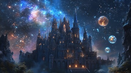 Fototapeta premium A captivating blend of fantasy and architecture, showcasing a mystical castle under a starry night sky, illuminated by glowing orbs, photorealistic details and vibrant colors