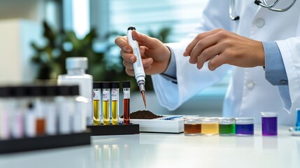 Lab technician carefully testing soil pH level with a pH meter, with a variety of soil samples on the lab table.