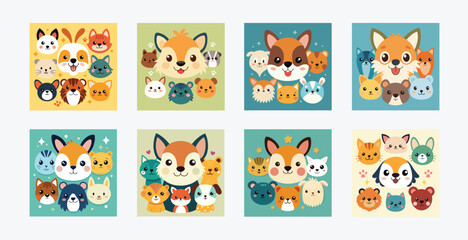 Animal Faces Doodle Collection with Expressive Features - Pet-Themed Printable Design