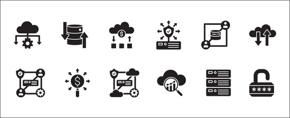 Business data, statistic related icon set. Contains icons of chart, analytic, database, protection, cloud, computing, research, authority, market. Thin line flat vector illustration.