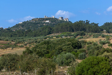 Fototapeta premium View of Ourem Castle from the valley with a blue sky. The valley is covered with trees and plants