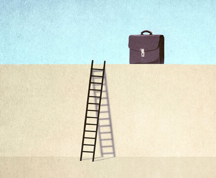Illustration of ladder with briefcase on wall