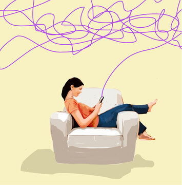 Illustration of woman sitting on chair and using smart phone