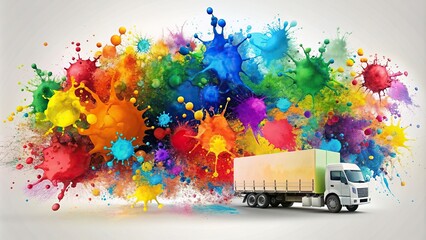 Paint splatters of different colors splashed across a white canvas representing a synchronized and efficient supply chain, logistics, efficiency, stock photo, synchronization