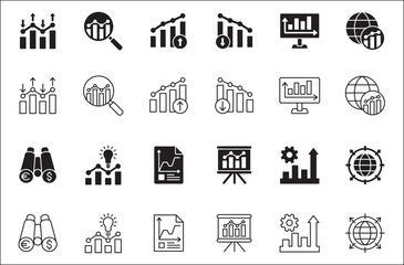 Business data, statistic related icon set. Contains icons of chart, analytic, database, protection, cloud, computing, research, authority, market. Thin line flat vector illustration.
