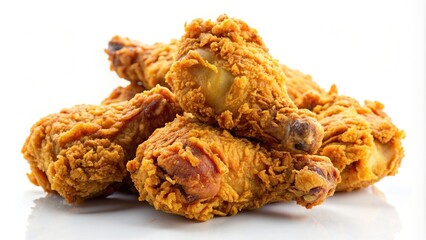 meat, lunch, Crispy fried chicken perfectly cooked and golden brown presented on a clean white background with leading lines to create a professional and appetizing stock photo