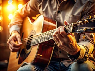 Fototapeta premium intimate close-up of a musician's hands playing a vintage guitar with warm golden lighting and soft focus on the fingers