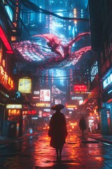 Obraz premium A mesmerizing long shot of a mythical creature gracefully exploring a neon-lit urban landscape at night