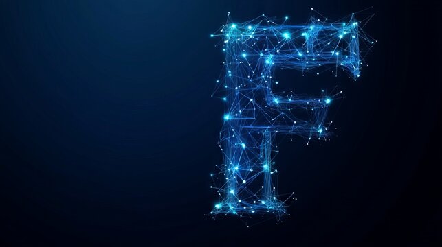 Abstract polygonal letter F consists of polygons, lines, and connected glowing dots. 3D wireframe vector illustration. Technology low poly alphabet concept. Blue on dark blue background