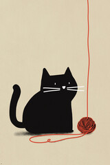 Black cat with red ball of wool against colored background